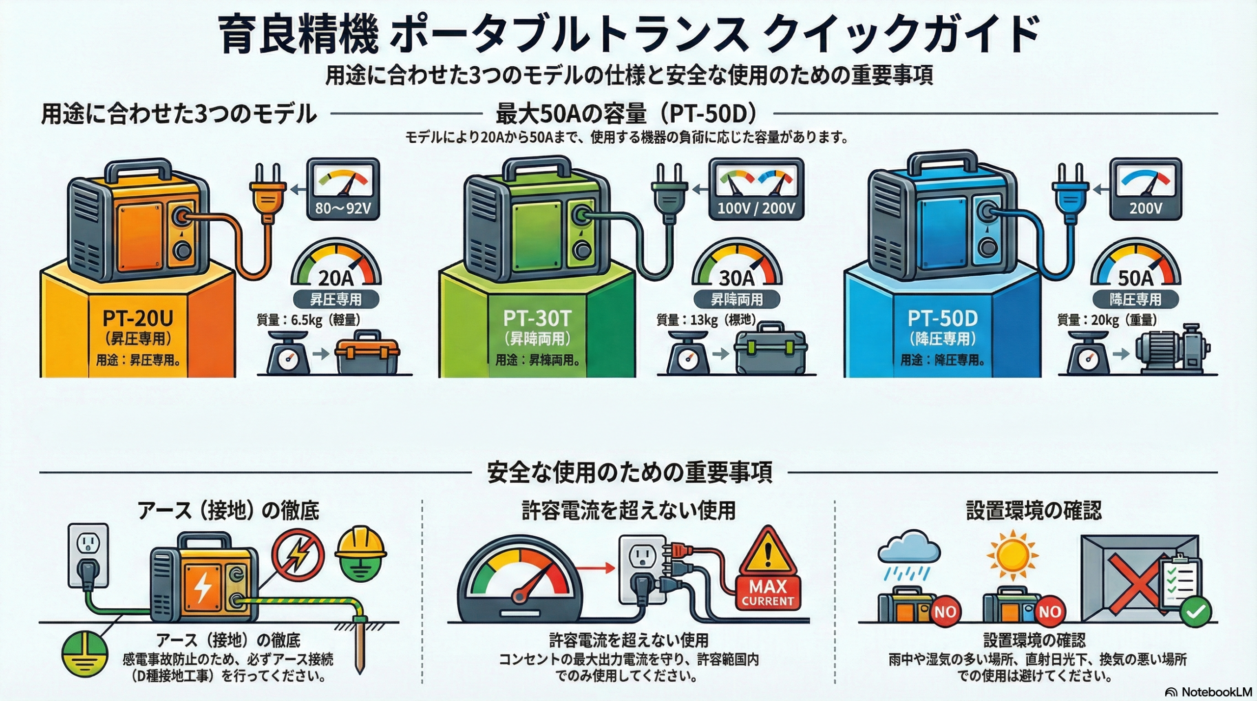育良精機 ポータブルトランス（PT-20U/PT-30T/PT-50D）の仕様と特長を