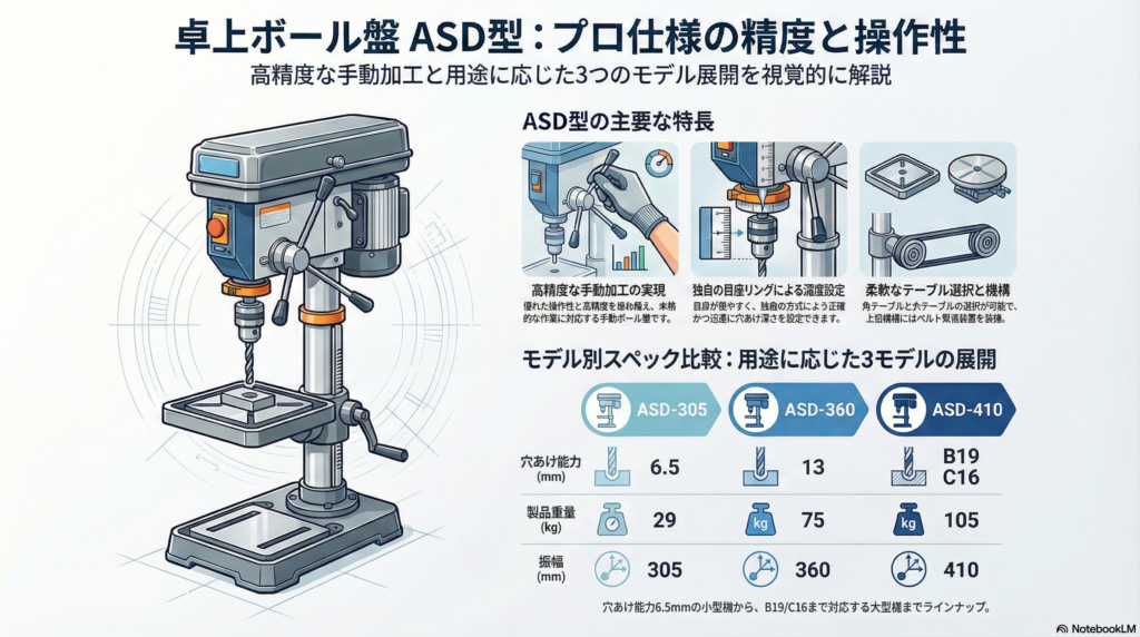 卓上ボール盤 ASD型 (ASD-305/360/410) | 高精度・高性能な手動ボール盤