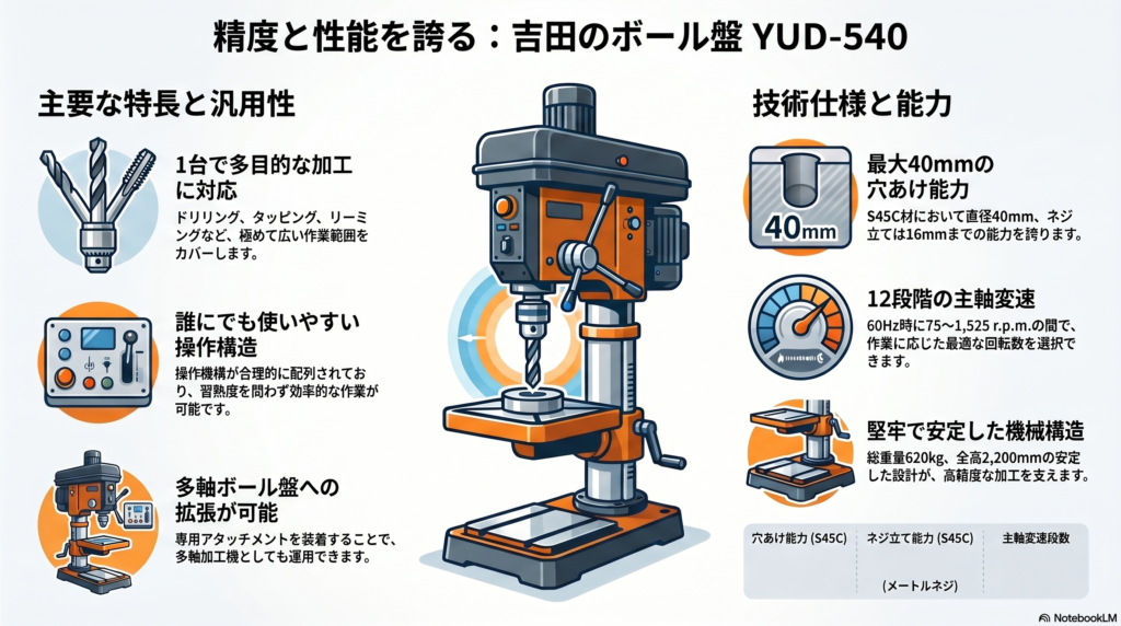 吉田鐵工所 直立ボール盤 YUD-540 | 仕様・特長・穴あけ能力の詳細
