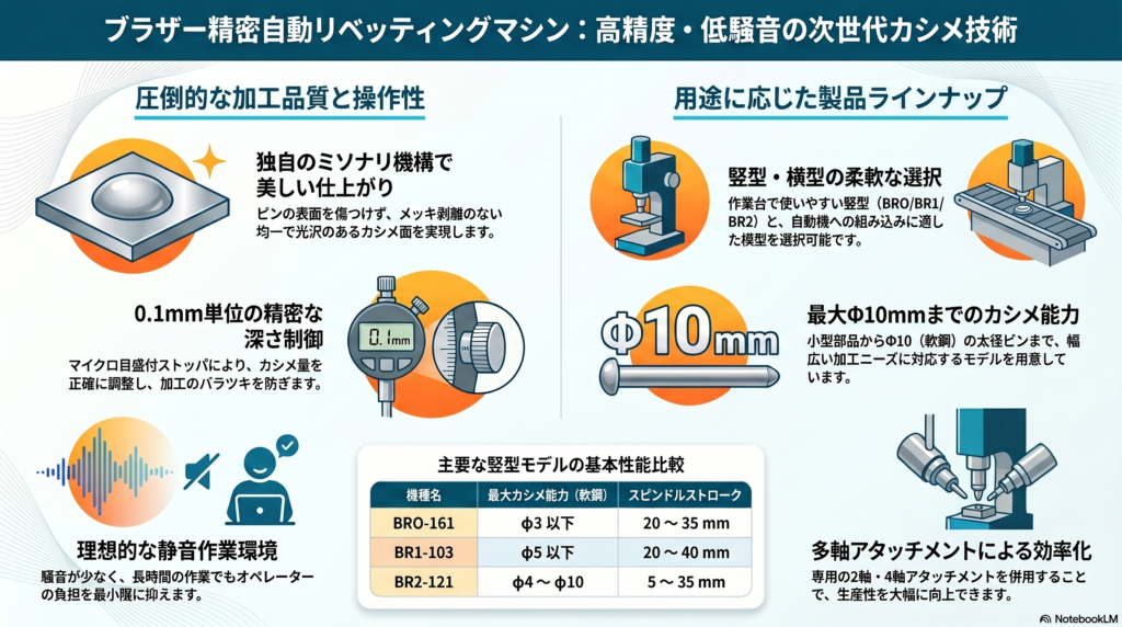 ブラザー精密自動リベッティングマシン（カシメ機）｜美しく正確な仕上がりと静かな作業環境