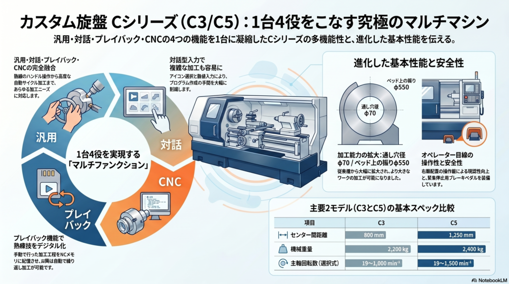 テクノワシノ C3・C5 カスタム旋盤 仕様 | 汎用・CNC・対話・プレイバックの1台4役