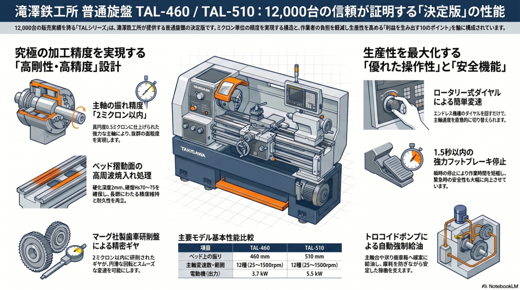 滝澤鉄工所(TAKISAWA) 普通旋盤 TAL-460 / TAL-510｜製品特徴と仕様解説