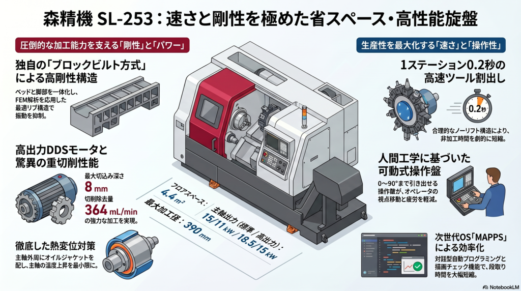 森精機 SL-253 CNC旋盤 仕様詳細|最大加工径390mm・高速ツール割出0.2秒の高性能機