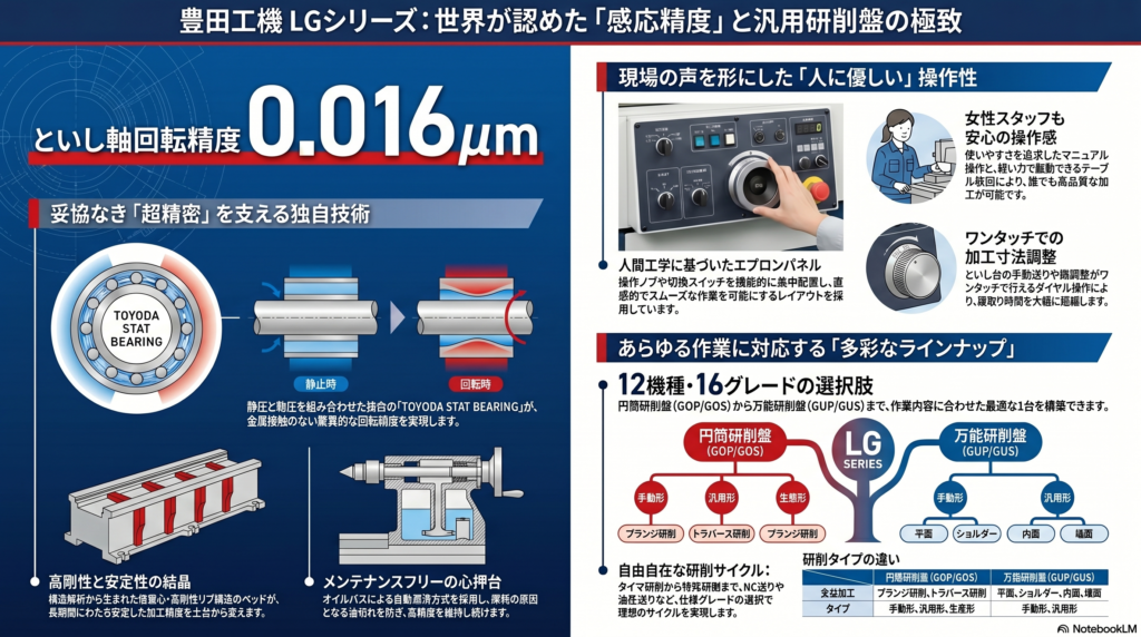 豊田工機(TOYODA) LGシリーズ 円筒研削盤・万能研削盤｜特徴・仕様・ラインナップ解説