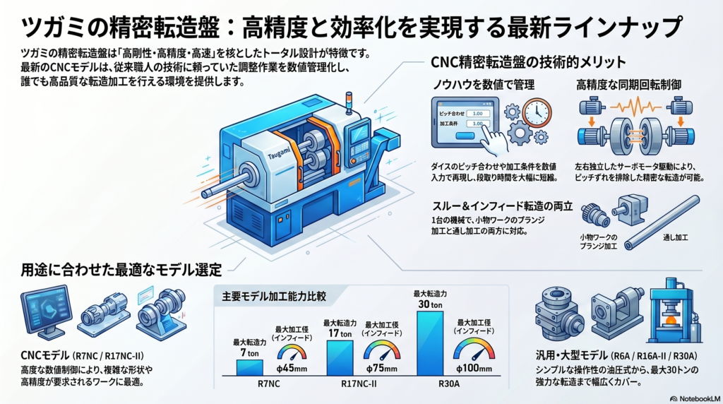 ツガミの精密転造盤 Rシリーズ（R17NC-Ⅱ/R7NC他）| CNC・油圧式の特長と仕様