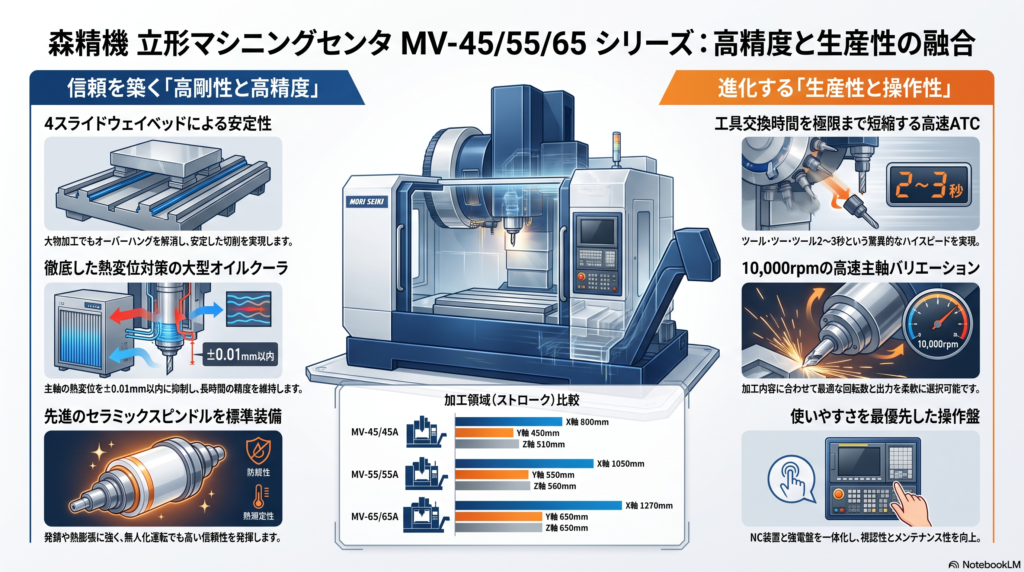 【森精機 MVシリーズ】MV-45・MV-55・MV-65の加工能力と詳細スペック一覧