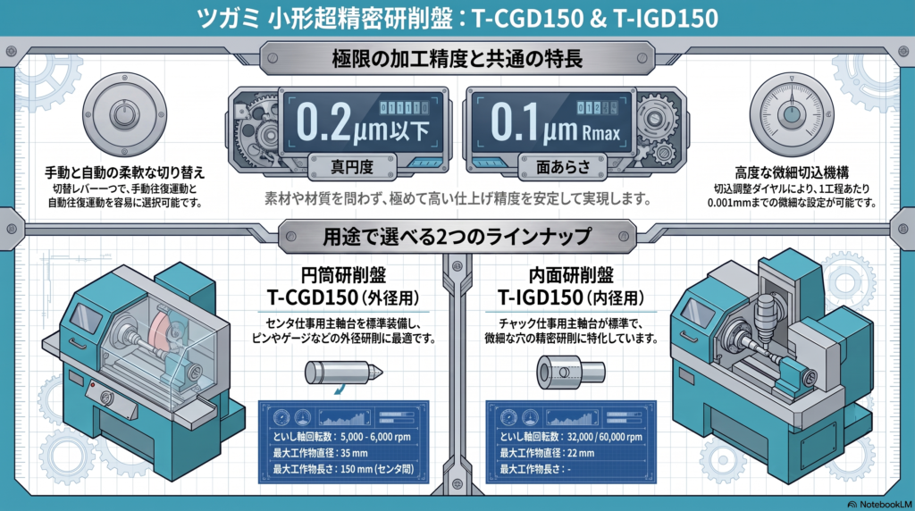 ツガミ 小形超精密研削盤 T-CGD150/T-IGD150｜円筒・内面研削の仕様と特徴