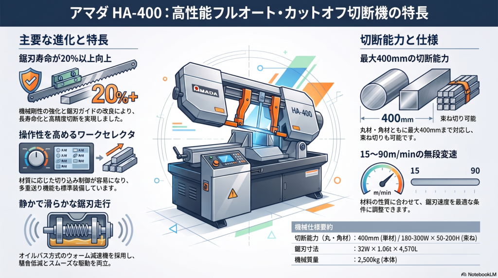 アマダ HA-400 横型バンドソー | 切断能力400mm・フルオート仕様の詳細解説